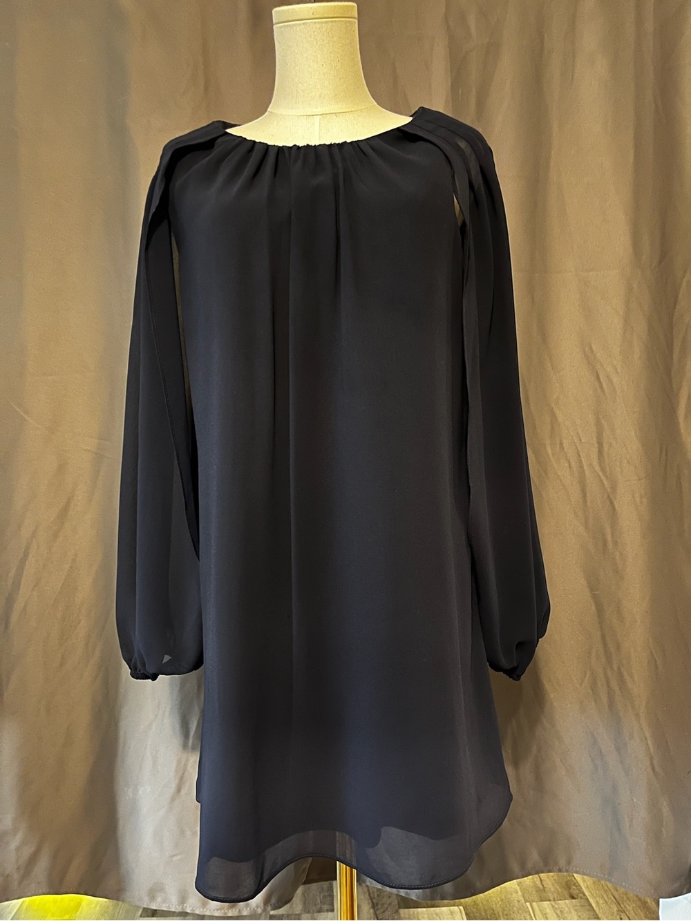 Navy Long-Sleeve Chiffon Shift Dress - Unbranded